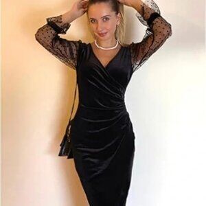 Elegant Black Velvet Faux Dress with Sheer Polka Dot Sleeves| Size XL